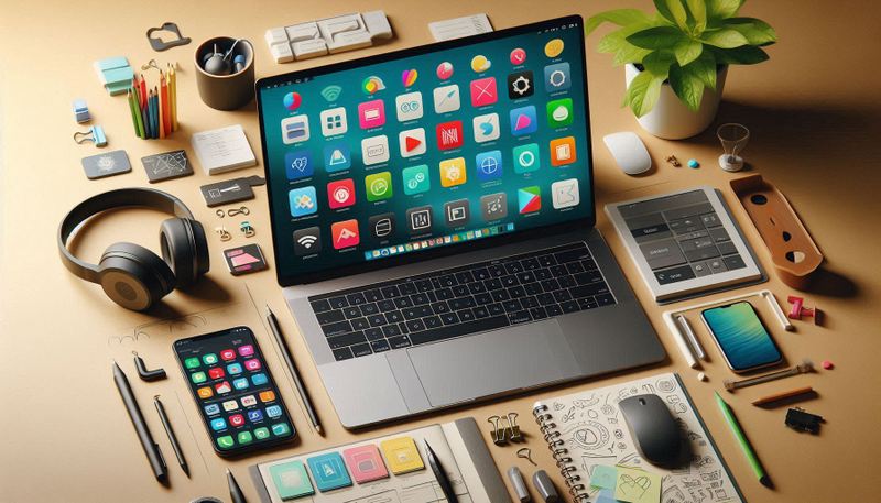 لپ تاپ با لوازمی اطرافش